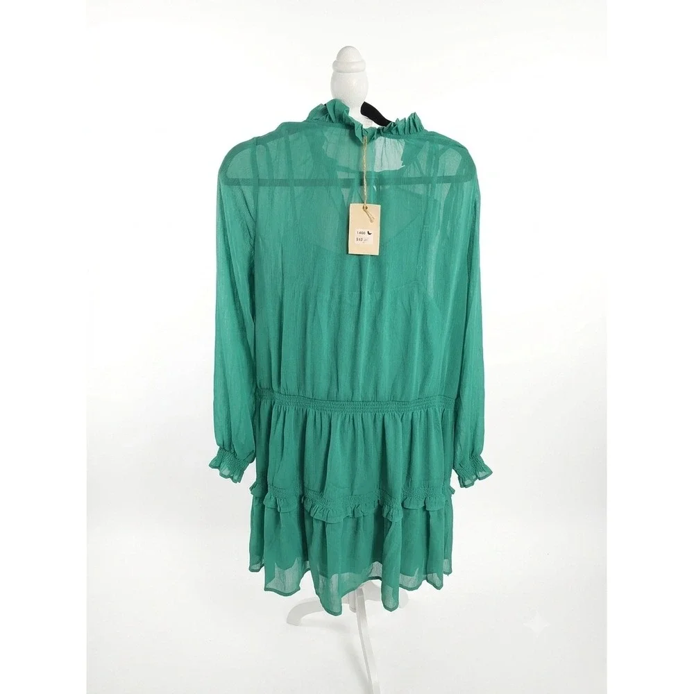 Easel Los Angeles Teal‎ Green Textured Chiffon Tiered Boho Mini Dress NWT Large